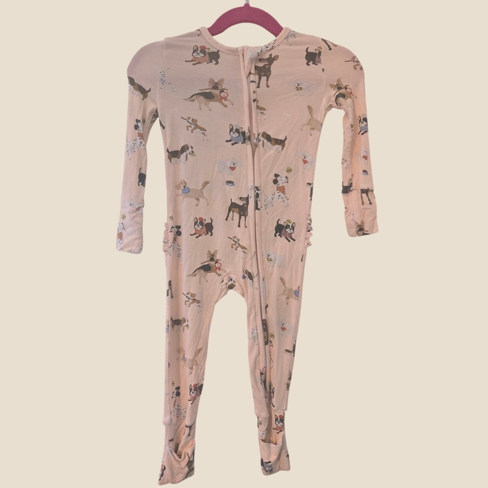 Angel Dear Pink Dog Print Bamboo Viscose Ruffle Butt Footie Sleeper 6-12M